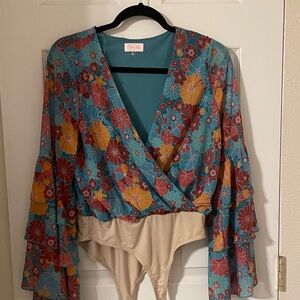 Pink Lily Floral Bodysuit with Bell Sleeves